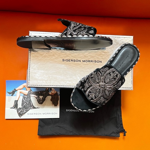 New! SIGERSON MORISSON Velvet Embroidered Studded Suede Leather Slides - Picture 3 of 11